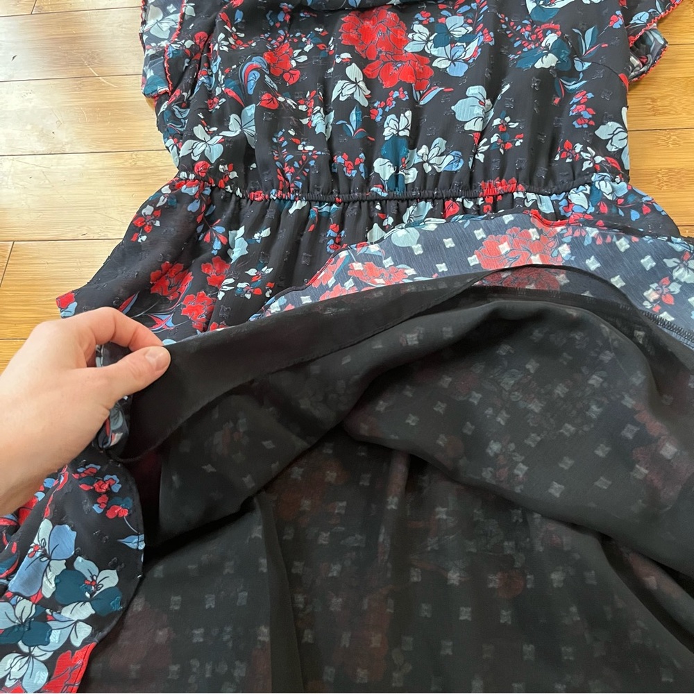 Dolan Julia Clip Dot Jacquard Chiffon Black and Red Floral Mini Ruffle Dress - Picture 7 of 10